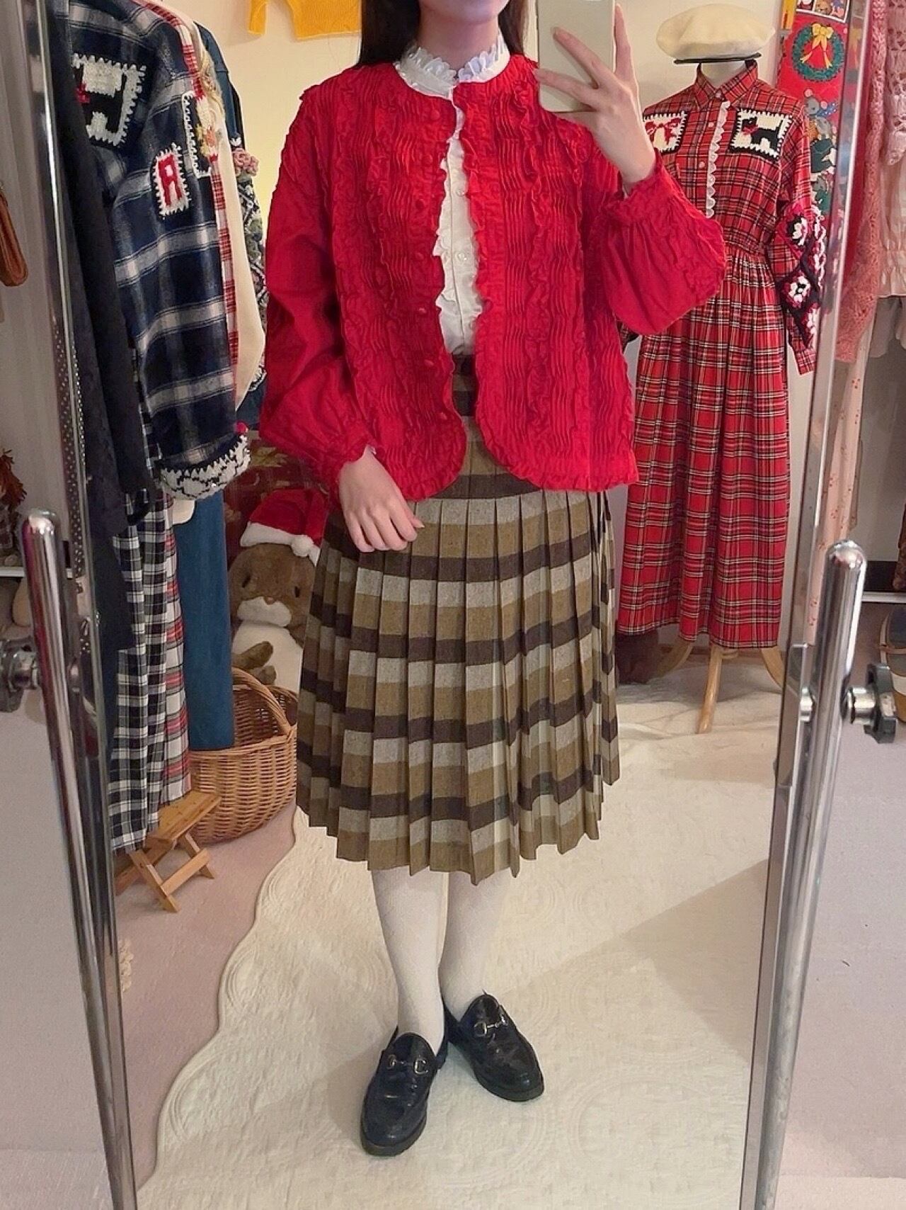 red frill pintuck cotton blouse