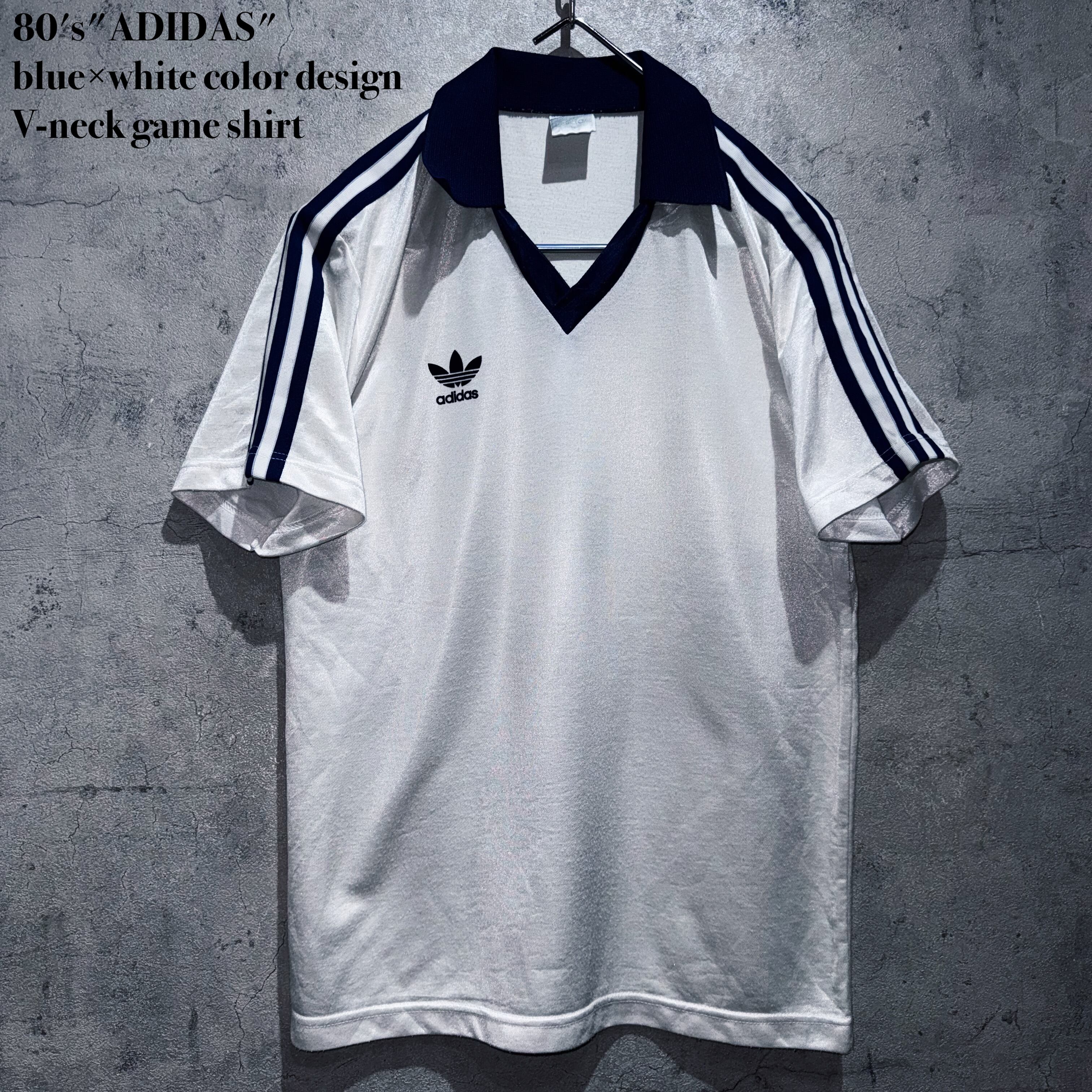 80's"ADIDAS"blue×white color design V-neck game shirt