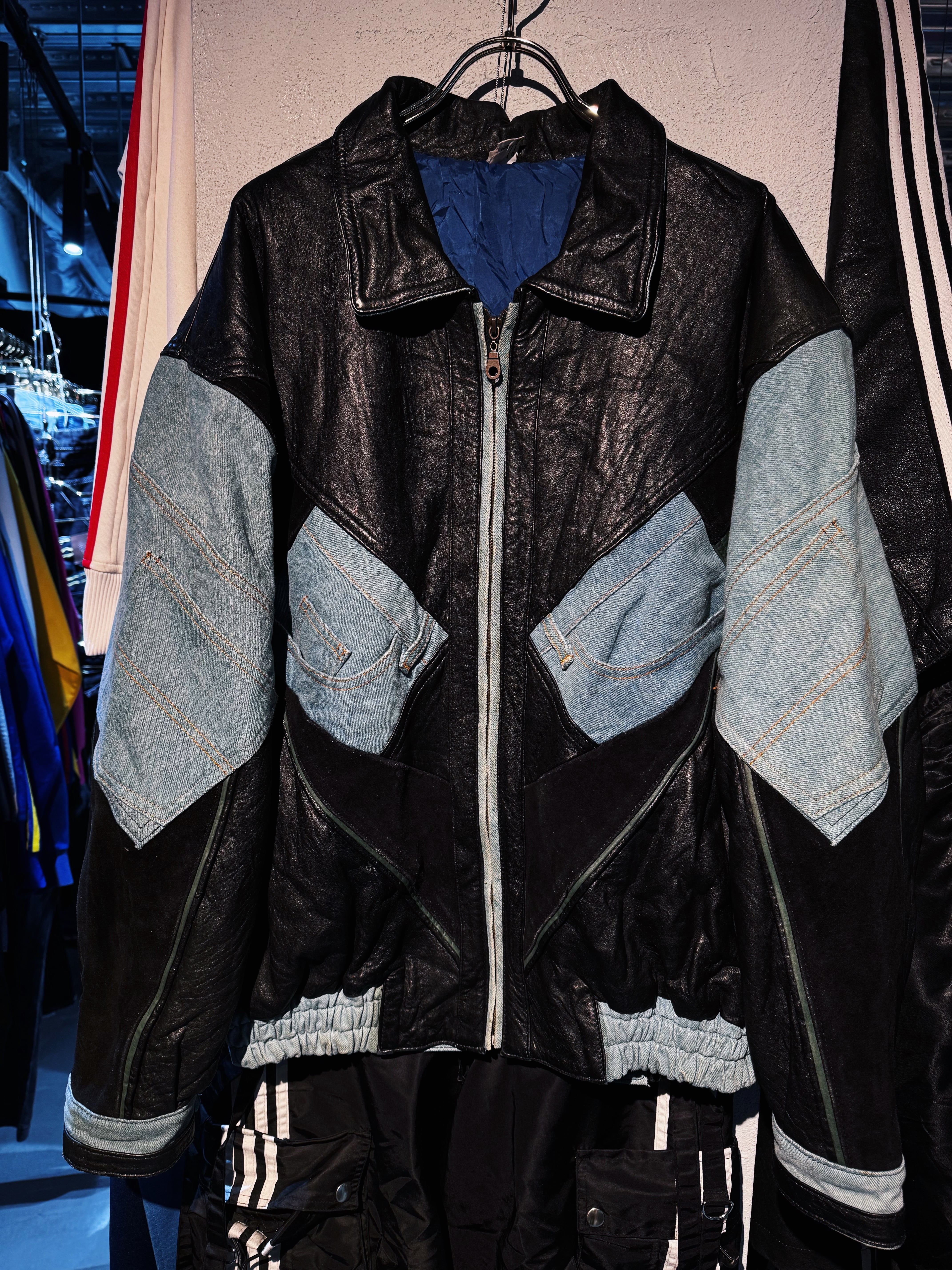vintage leather × denim switching design jacket