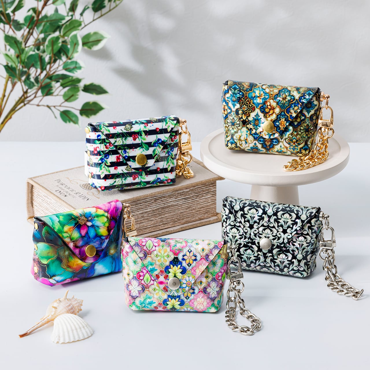 天然貝 螺鈿アート シェル ☆ エンベロープポーチ キーチェーン付き