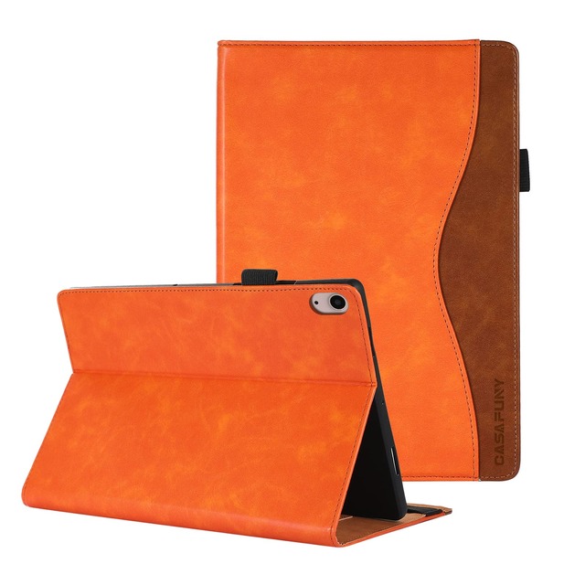 CASAFUNY iPad 第11世代(A16) 第10世代 ケース 2025/10.9インチ 2022通用 人気 耐衝撃 PU+PC合成レザー 耐久 アイパッド a16 ケース A2696 A2757 A2777 スタンド カバー Apple Pencil対応 ペンシル収納付き 軽量 落下防止 精密設計 着脱簡単(オレンジ)