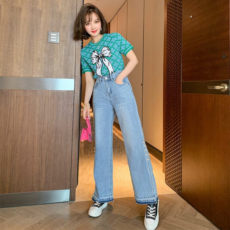 カラージャカードニットトップス ジーンズ セット スプリング 春物 MIUCO24891265735