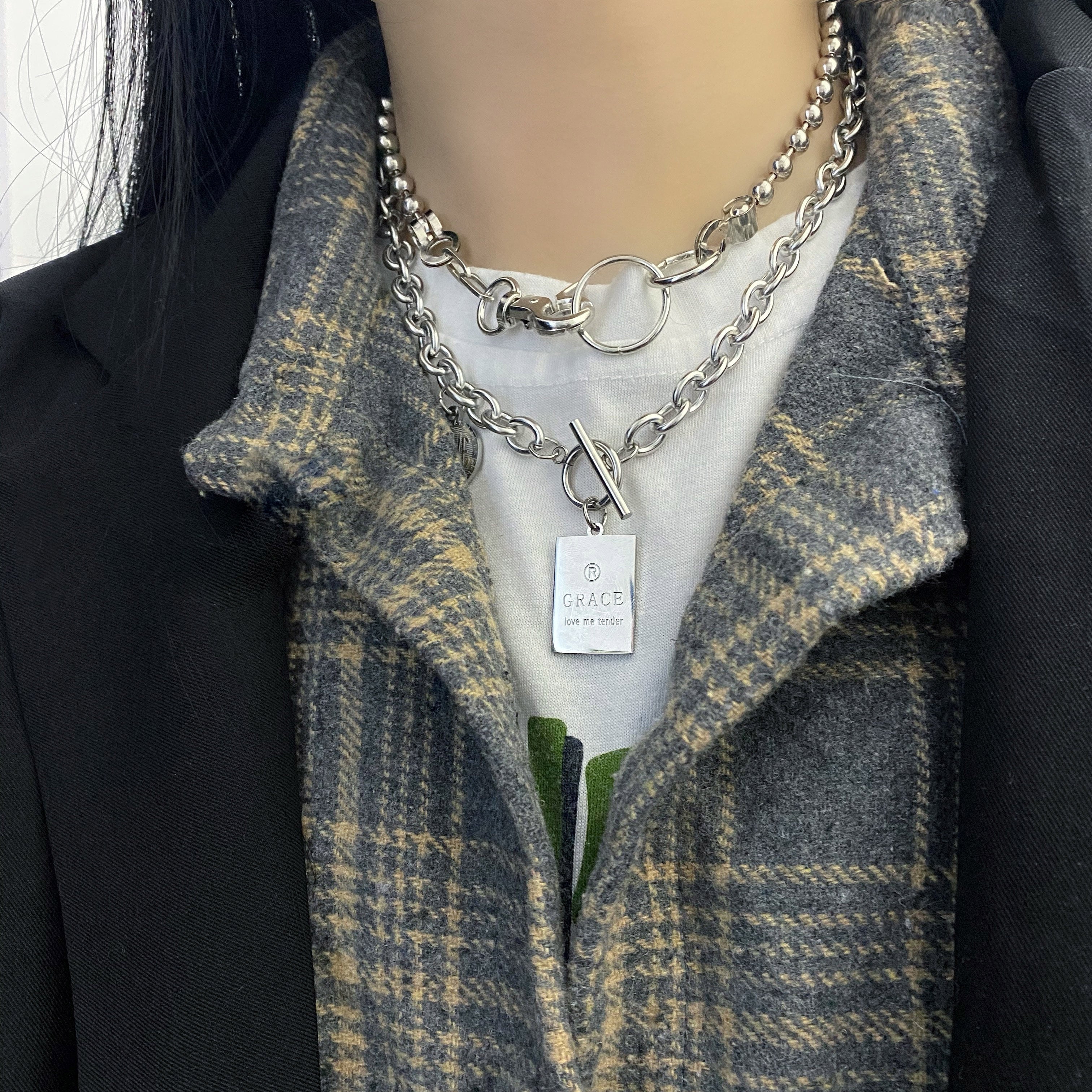 送料無料】KOREA チェーンダブルネックレス メンズレディース シルバー