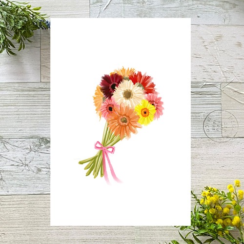 ガーベラの花束　イラストポストカード2枚セット