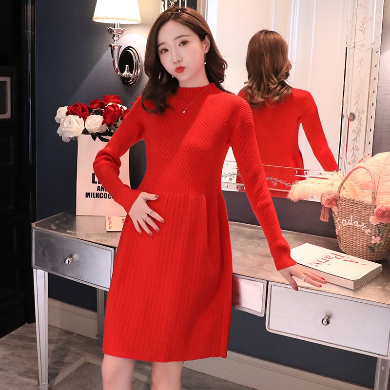 【新作】【送料無料】 マタニティウェア2020秋と冬の新しいニットストレッチルーズドレス、年齢を減らすミドル丈のファッションマタニティドレス-アリババ オータム 秋物 ウィンター 冬物 expec244333806280