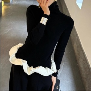 ペプラム ニット タートルネック 異素材 切替 レディース 異素材切替ペプラムタートルニット トップス リブニット ハイネック フリル 裾 ティアード ウエストマーク 着痩せ 体型カバー きれいめ モード カジュアル 大人可愛い 韓国ファッション 上品 高見え デート 20代 30代 40代 CO5418