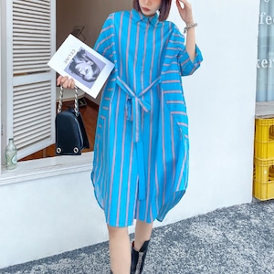 Drop Shoulder Stripe Shirt Dress 2Colors M-2203