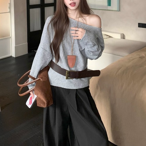 【3点セット】オフショルニット＋タックワイドパンツ＋ベルト ・71812