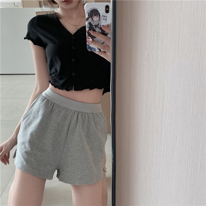 ストレッチウェストカジュアルパンツ サマー薄手グレーAラインショーツ ハイウェストルーズ エラスティック 伸縮 夏物 ブルマー ブラックストロベリース97300922294