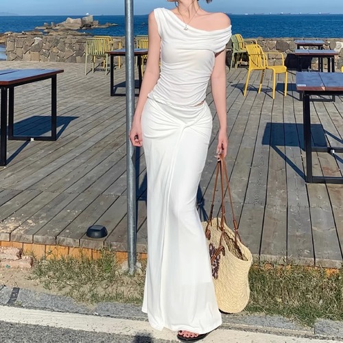 【2点セット】ワンショルダートップス＋ツイストロングスカート ・69836