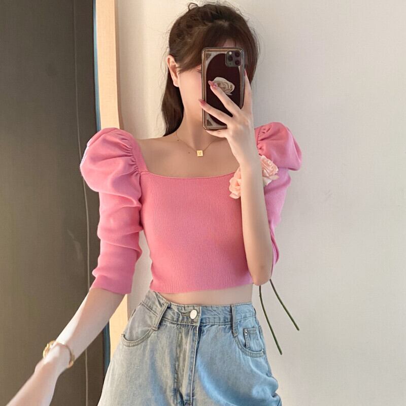 スリーブスリムショートトップス レディースサマーセーター 夏物 スクウェア ガールズファッション20948679646