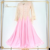 社交ダンス 衣装 スタンダード ドレス ワンピース パーティドレス レディース ピンク系 ゴールド系 花柄 レース 長袖 準正装 長袖 華やか フォーマル ドレッシー かわいい おしゃれ 大人 レディース服 伸縮性 ふんわり 二重スカート 高級感 洗練 上品 パーティー用 社交ダンス用 ルームウェア お出かけ 撮影用 人気商品 トレンド