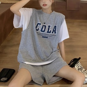 【韓国通販 dgo】英ロゴフェイクTシャツ＋ショートパンツ 3colors グレー/スカイブルー/ローズレッド(W2087）トレンドアイテム