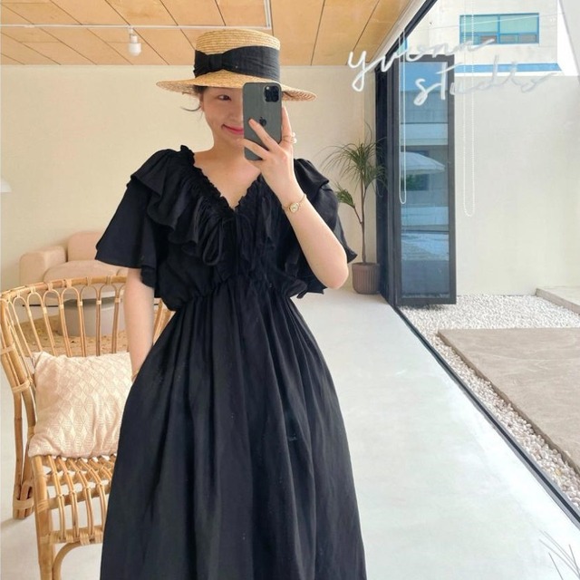 ワイドフリルアレンジ Vネック ロングワンピース ブラック OP00280