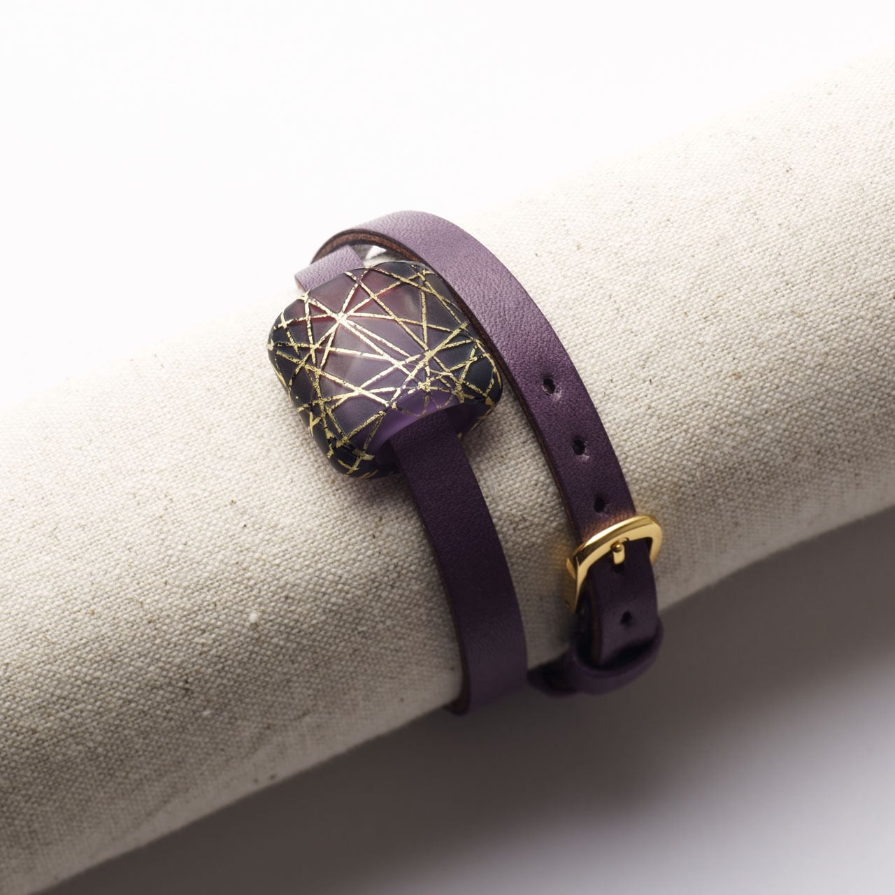 蜻蛉玉ブレスレット／ディープパープル 2重巻革ベルト付 【1点もの