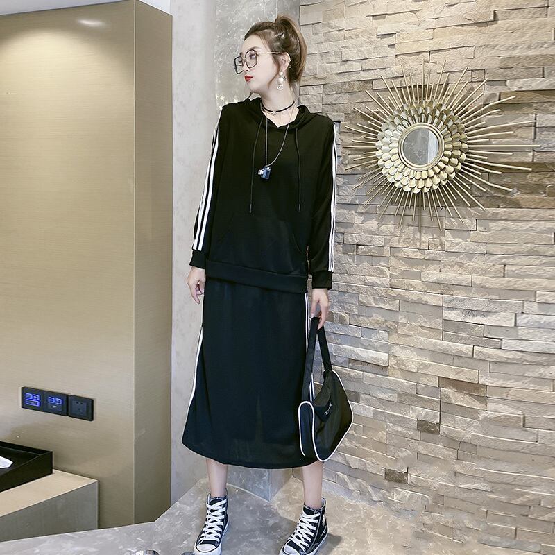 プラスサイズの女性のウエスタンスタイルの女性のフード付きセータースリム長袖フード付きトップツーピースマイクロファットmmスカート ミックスインファッション206599446