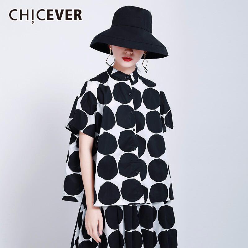 CHICEVERポルカドットヒットカラーレディースシャツラペルカラー半袖ルーズバックレスサマーブラウス服2020 ショート ハーフスリーブ 夏物 6base588057860461