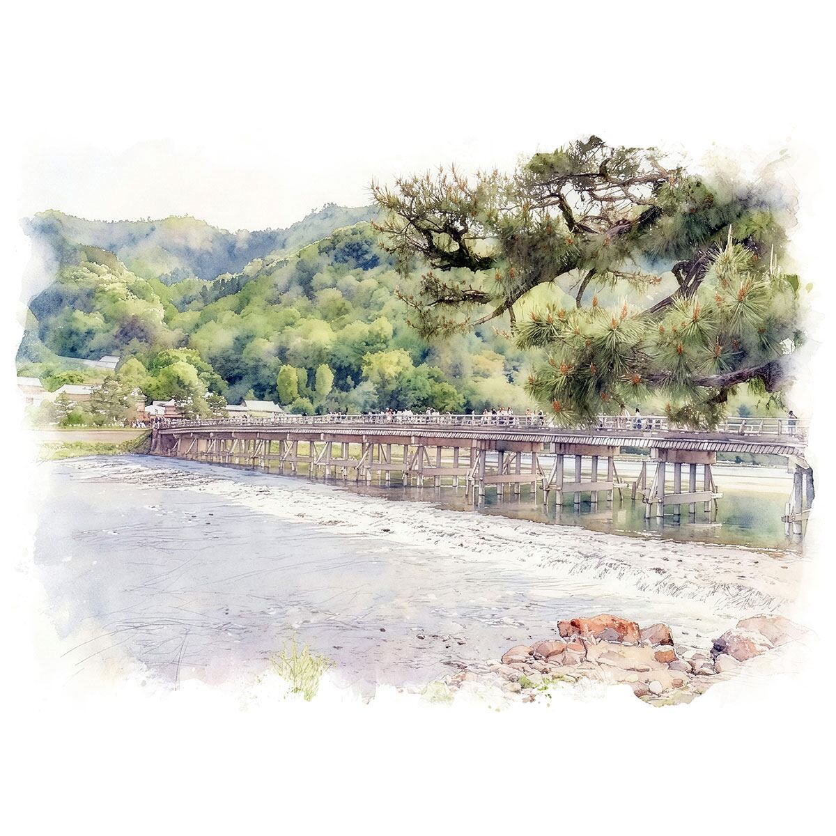 絵画 風景画(街並み) 日本 京都府 嵐山 渡月橋 インテリアアート額付き 水彩画・油絵風 WAT1531