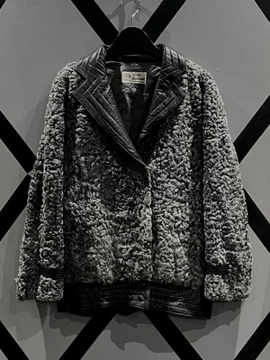 【X VINTAGE】Leather Swiching Vintage Loose Curly Hair Fur Jacket