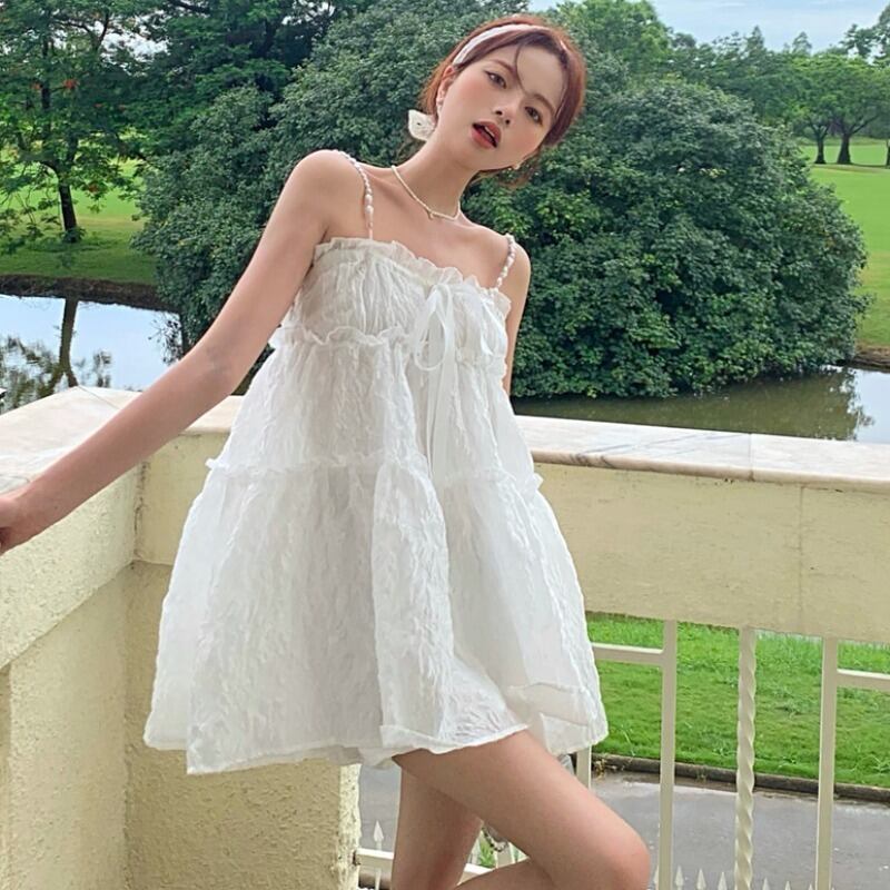 ヤーンパールショートスカート ルーズ薄手ドレス 大人ガーリー スウィート キュート カジュアル 真珠 ハンチェンe2925031556