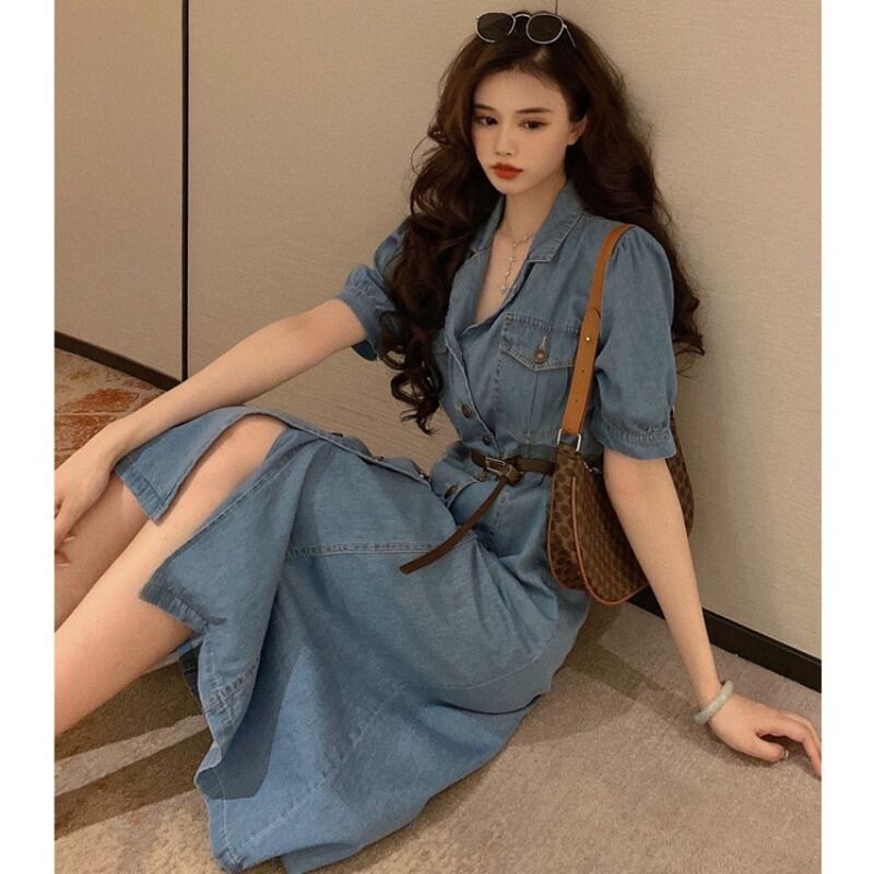 シャツ ドレス スリーブスタンダードミディスカート サマーブルー レトロ 夏物 YY-ファッション84898822063