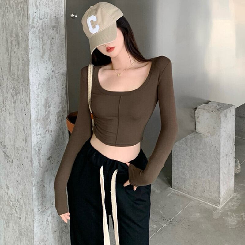 ハイウェストウェストクロップドショートTシャツ シャツ オータムストレッチソリッド カラートップス ロング エラスティック 伸縮 秋物 ソリッドカラー ガールズファッション96122640093