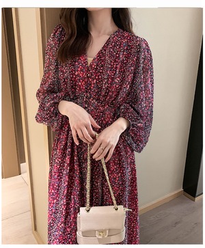 Vネック小花柄ワンピース 2Type A00668