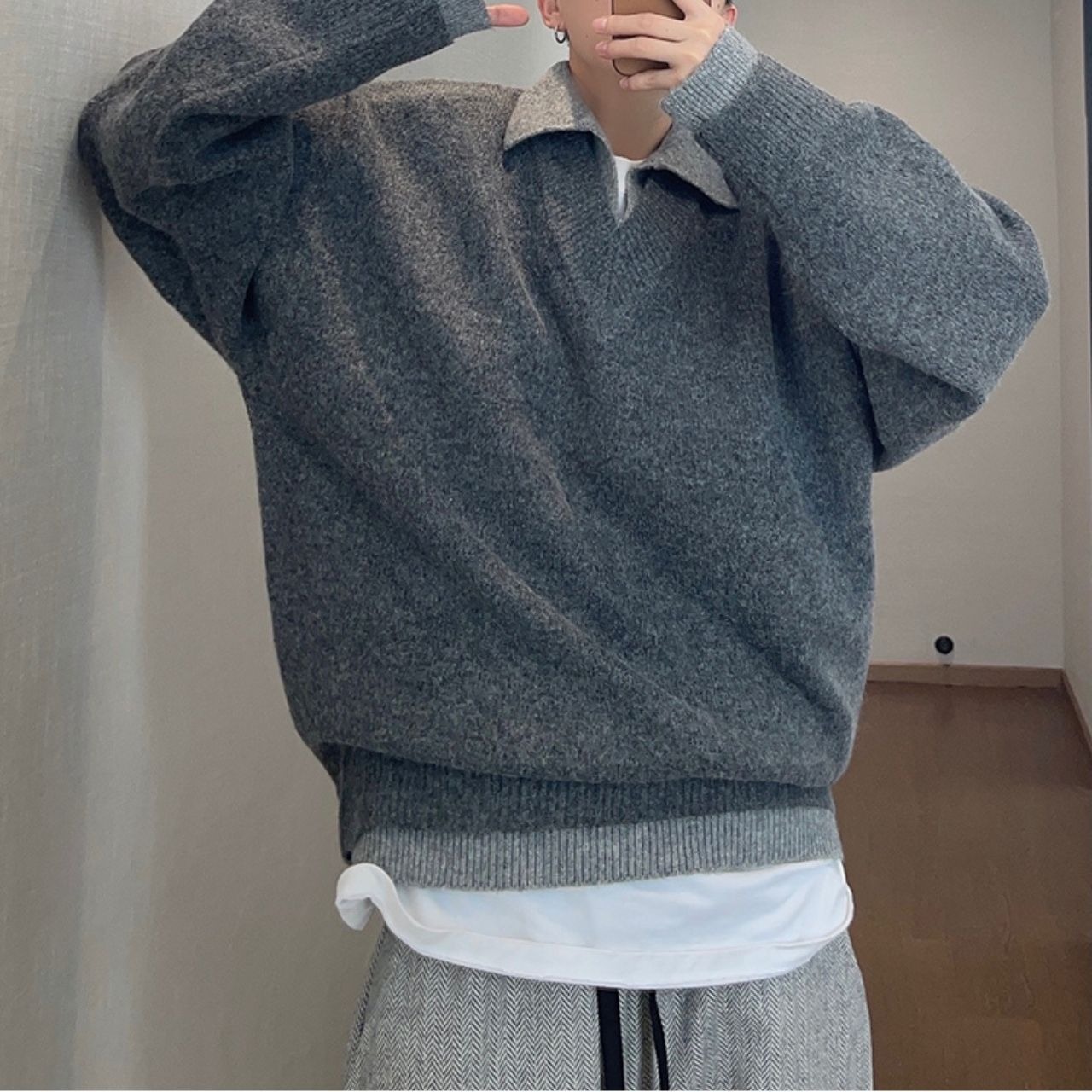 フェイクツーピース V ネックコントラストカラーニット　1041