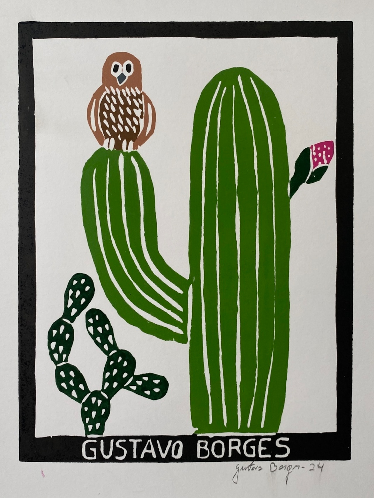 GUSTAVO BORGES グスタボ・ボルジェス 木版画 S【サボテンとフクロウ】