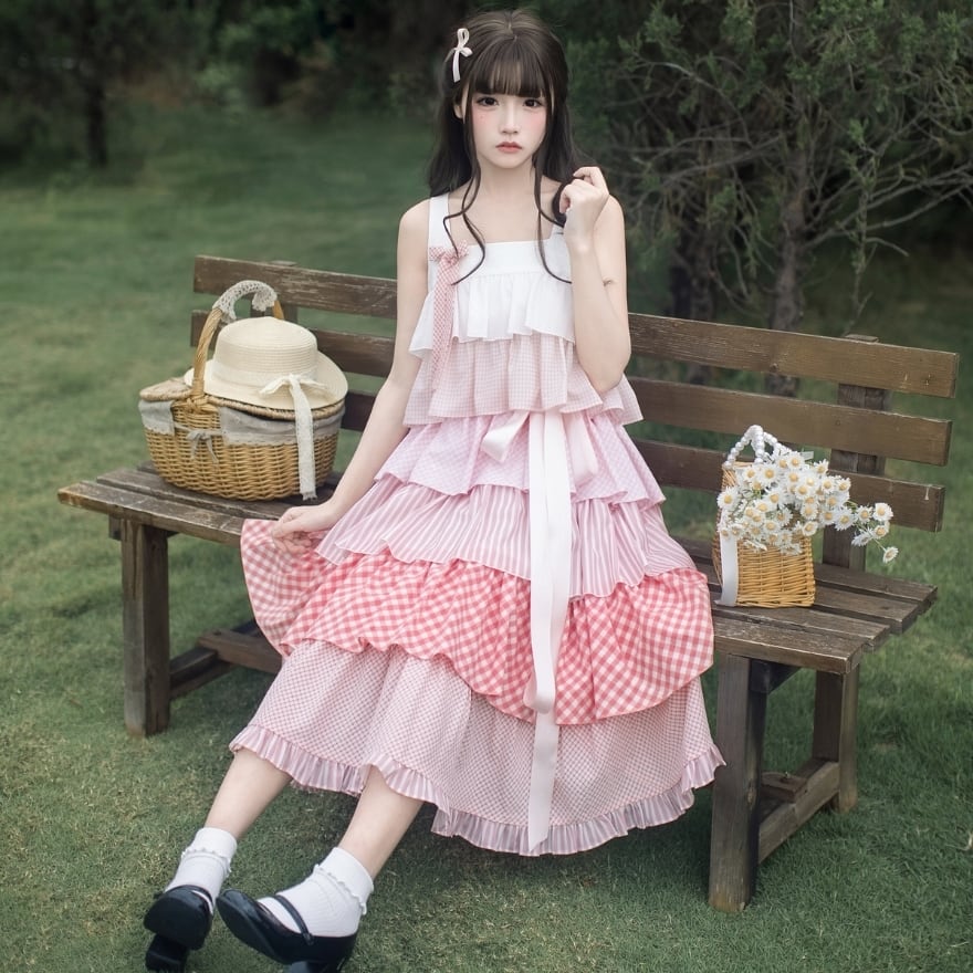 ガーリー 甘ロリ｜ピンク段フリルキャミワンピ（腰帯付）避暑地・お茶