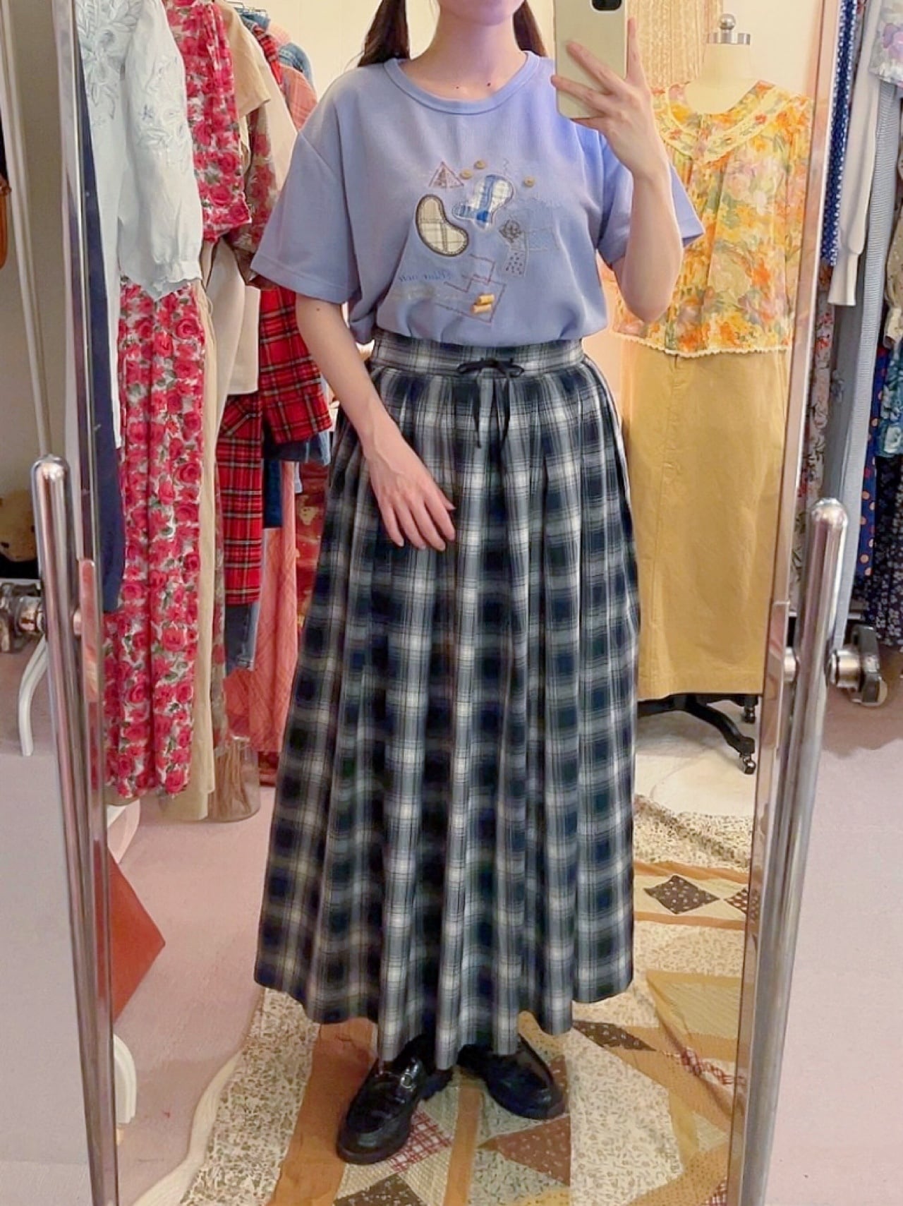 black check gather skirt