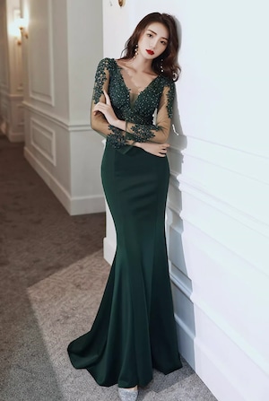 【MAC DUGGAL】ロングドレス グリーンパフスリーブ 長袖 Vネック ダークグリーン シースルースリーブ vネック マーメイド ロング