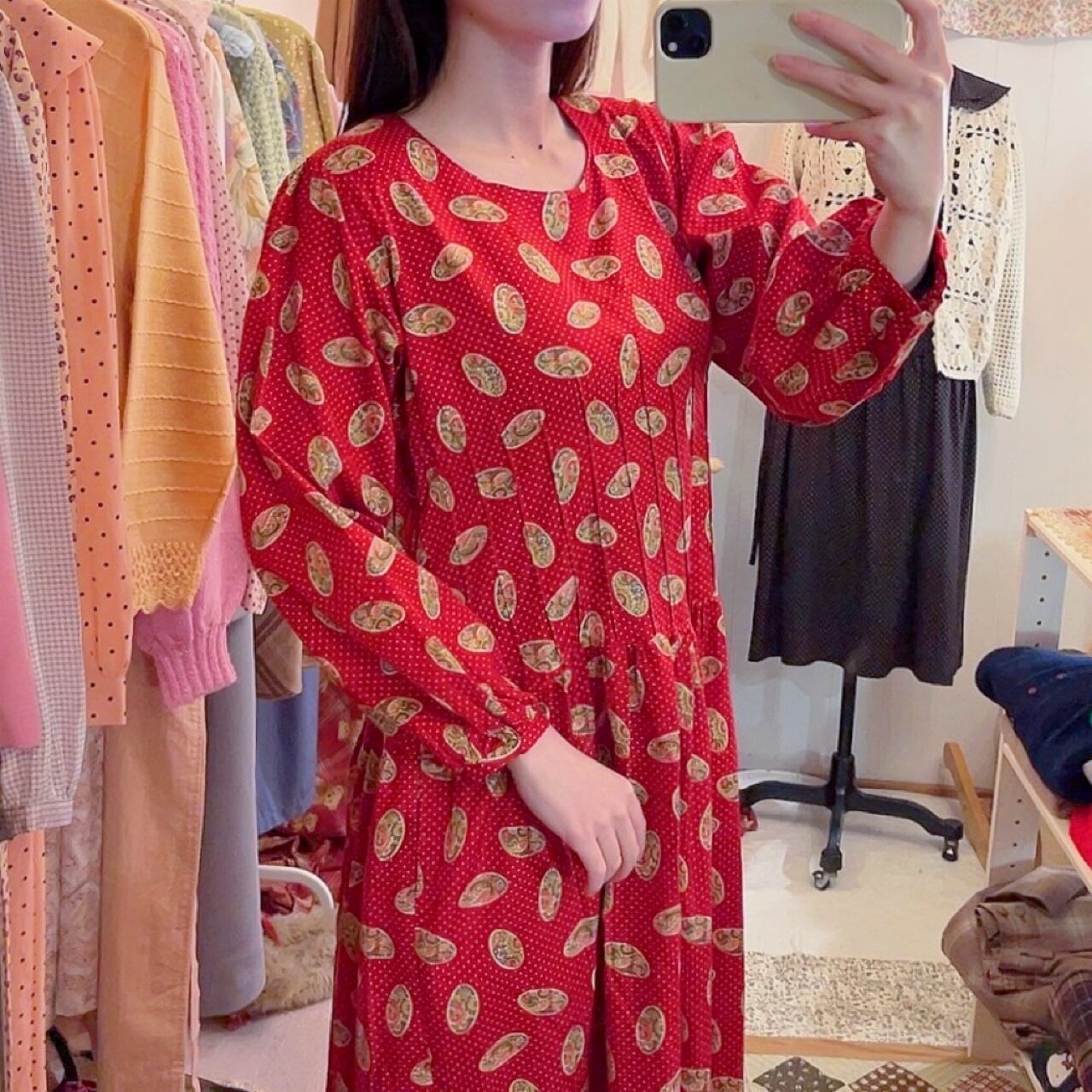 red paisley dot back button one-piece