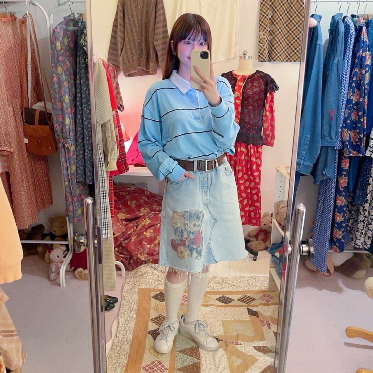cat printed denim skirt