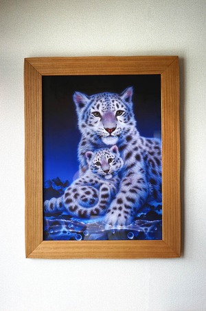 額付き複製画「我が子 - ユキヒョウ ジーマとヒメル」 動物園個展期間限定1点、7/28まで
