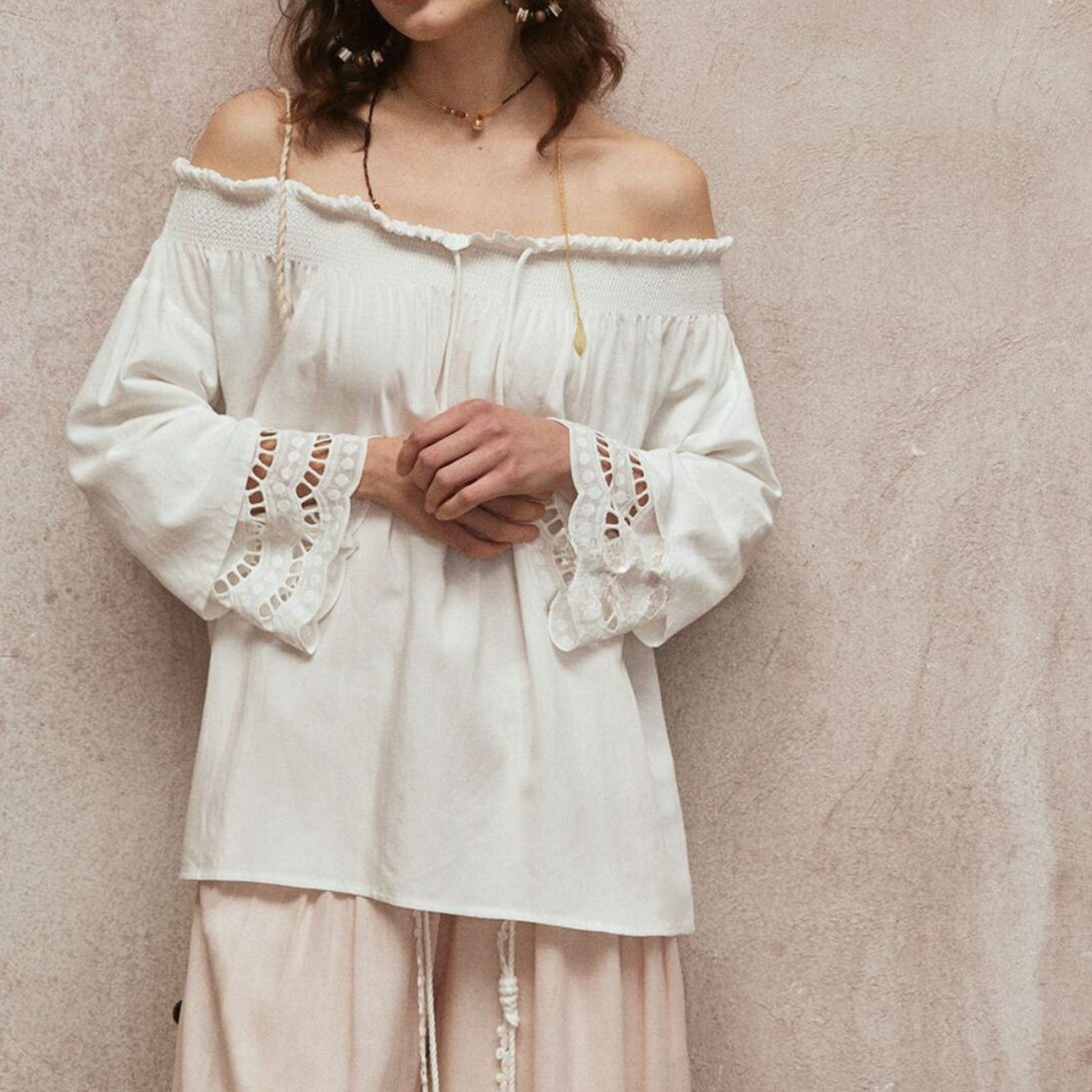 Gathered Long Sleeve Off-Shoulder Tunic T0741