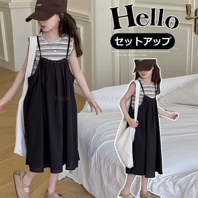 【120㎝-170㎝】セットアップ　ワンピース＋トップス　ボーダー　カジュアル　韓国風子供服  人気　トレンド　韓国版ファッション 洋風 韓国風子供服  キッズ 女の子　おしゃれ 韓国版　キュート　オシャレ　可愛い