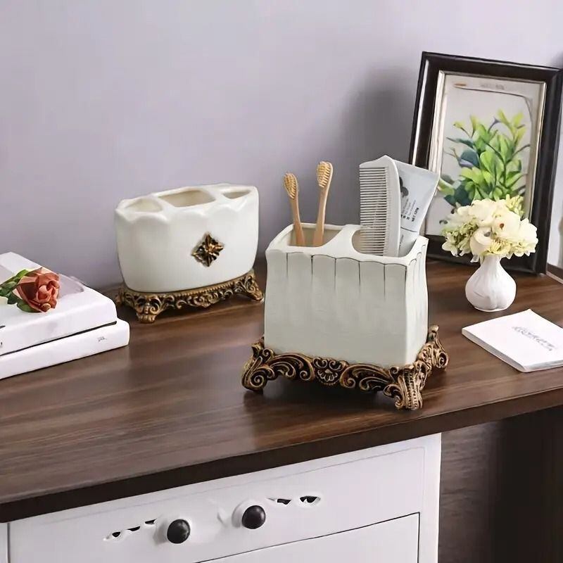 歯ブラシホルダー ヴィンテージ調 アンティーク調 セラミック製 自立型