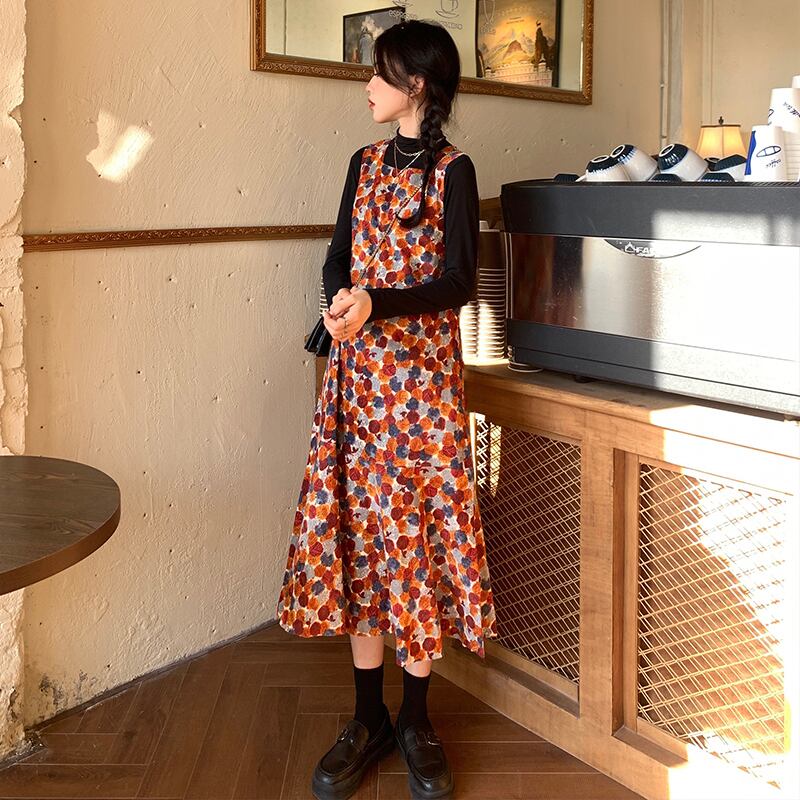 スタンダードスタイルプリントドレス スプリングスカート ルーズ薄手 レトロ 春物 萌量不足12297898340