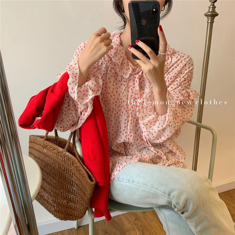 フローラルシャツ ルーズシフォンスプリングブラウス レディース ロング 春物 花柄 ビッグFスモールZ韓国94952992221