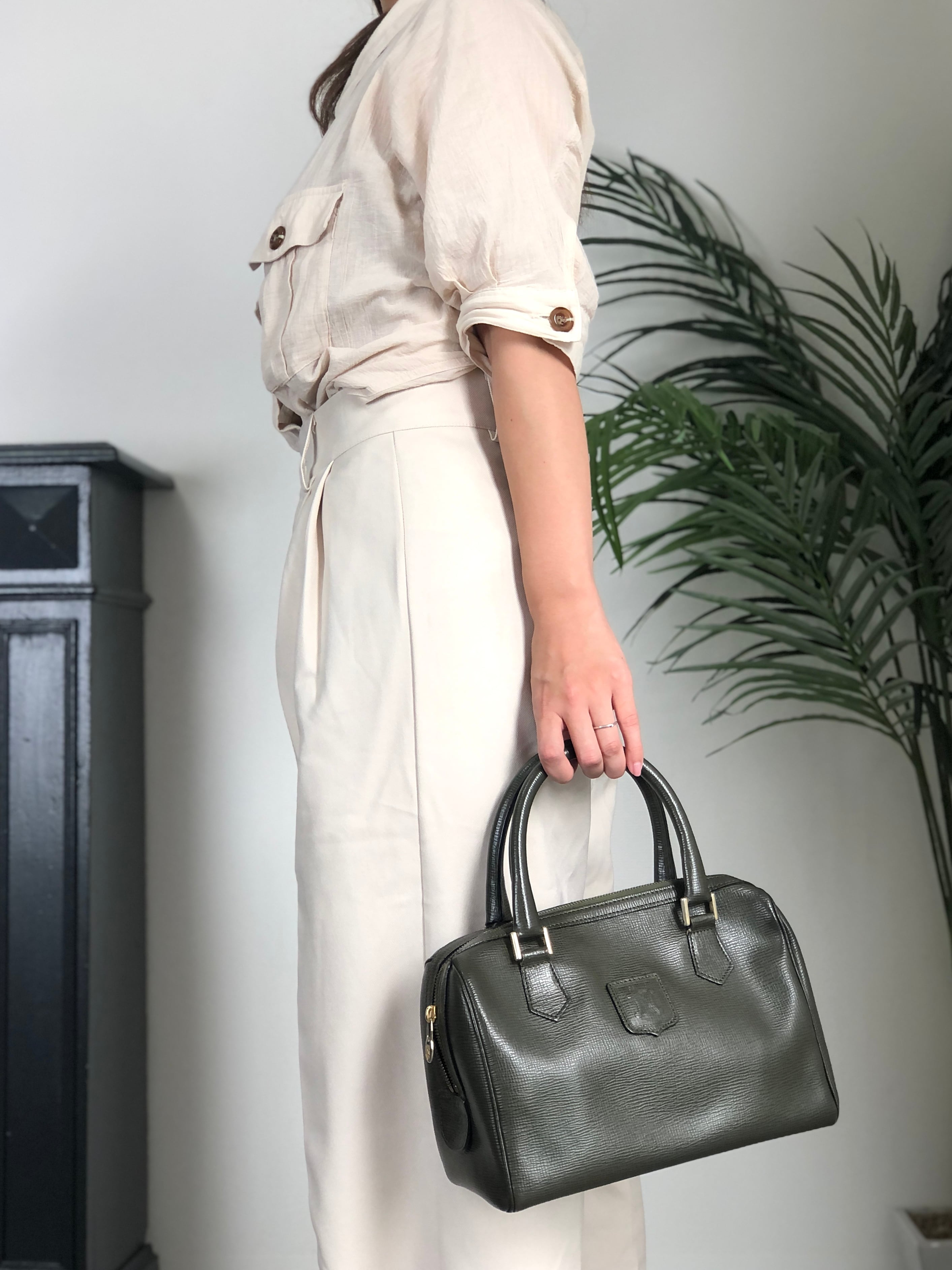 CELINE セリーヌ ショルダーバッグ グリーン ブラゾン型押し レザー 2way ミニボストン ミニバッグ vintage ヴィンテージ オールド du4fhp