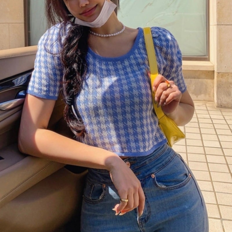 サマースタイルスタンダードラウンドネックスリーブスリムショートニットトップス レディース レトロ 夏物 Oネック ハンチェンe38960603539