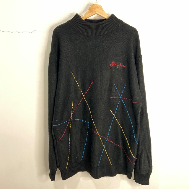 『送料無料』90s Sean John モックネックセーター　刺繍ロゴ　ブラック