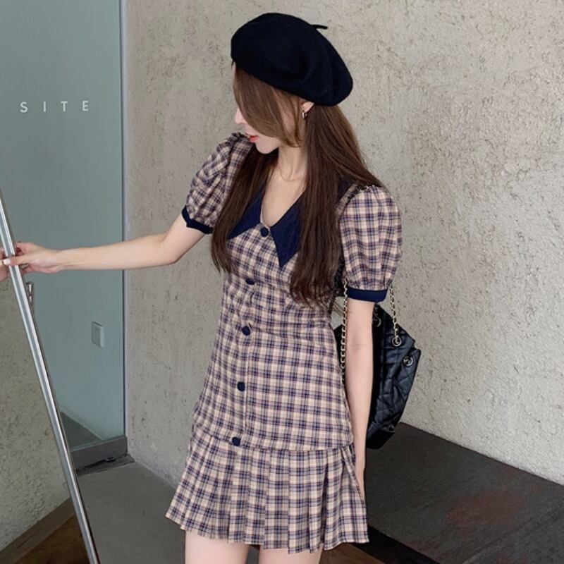 スタンダード格子柄スカート サマーウェストドレス プリーツ レトロ 夏物 ステッチ YY-ファッション23677111593