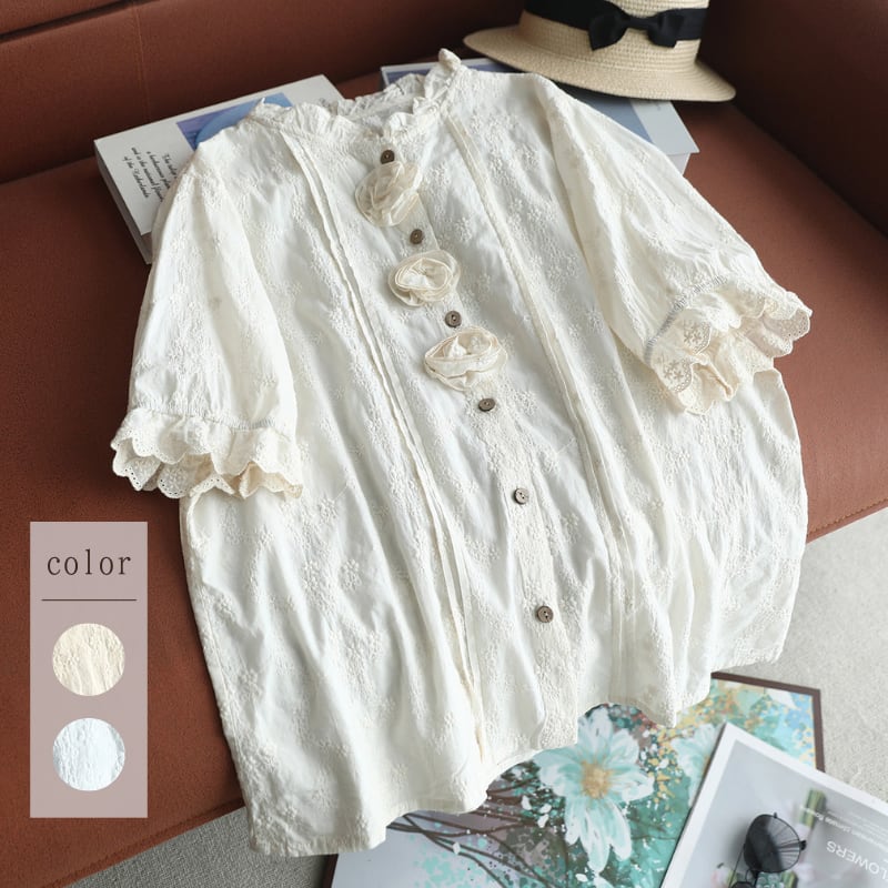立体フラワーモチーフ刺繍ブラウス W1854