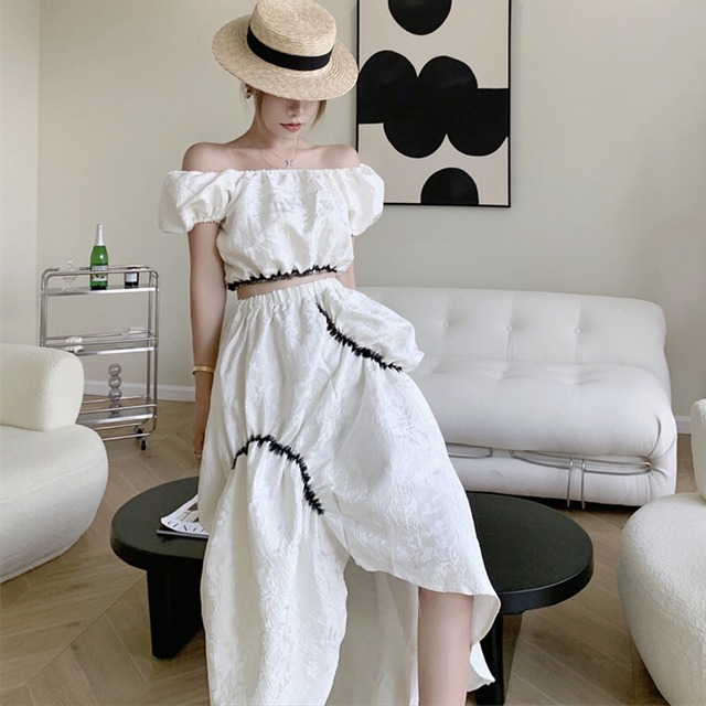 サマースタンダードジャカードショートクロップドシャツ ハイウェストスカート レトロ 夏物 ガールズファッション41045705799