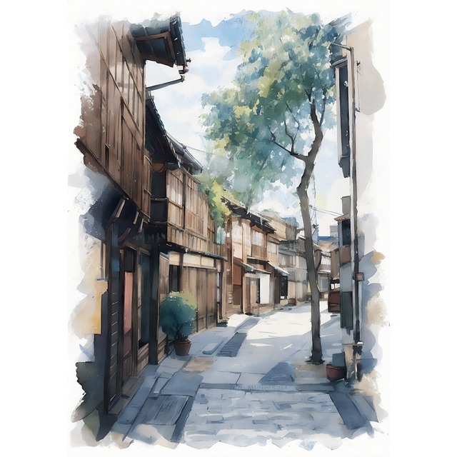 絵画(風景画) 日本 石川県 ひがし茶屋街 インテリアアート額付き 水彩画・油絵調 WAT1371