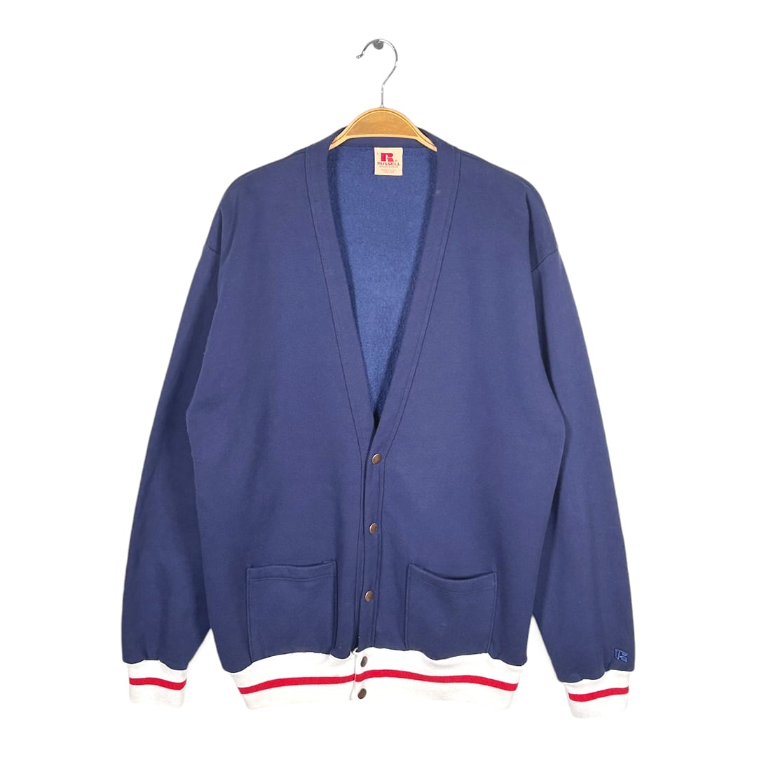 70s ラッセル 赤タグ USA製 ヴィンテージ スウェット スウェットカーディガン ラインリブ RUSSELL サイズL 古着 CF1025