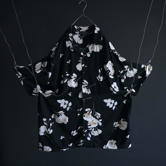 over silhouette " white rose " art design black rayon shirt
