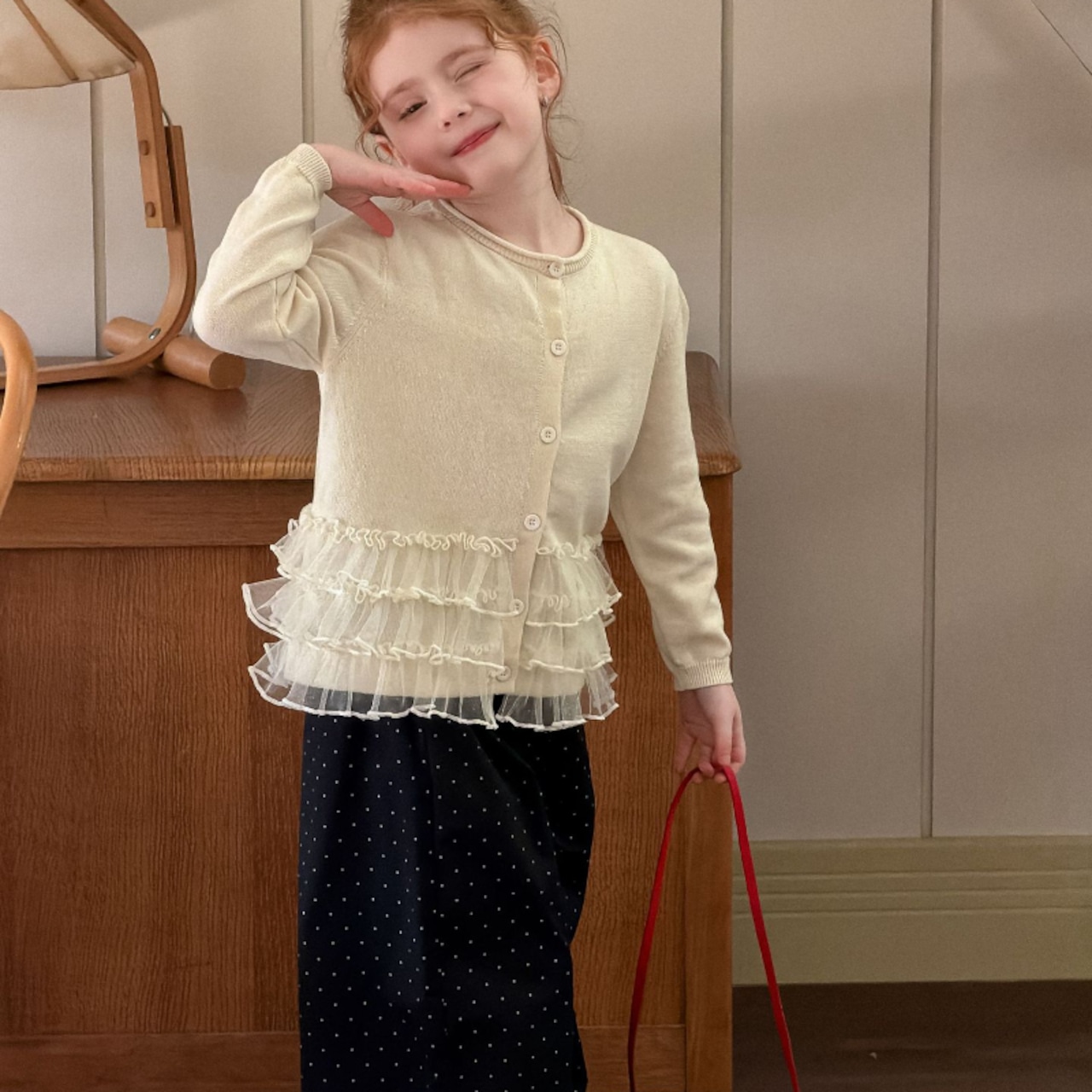 春多重チュール裾カーディガン